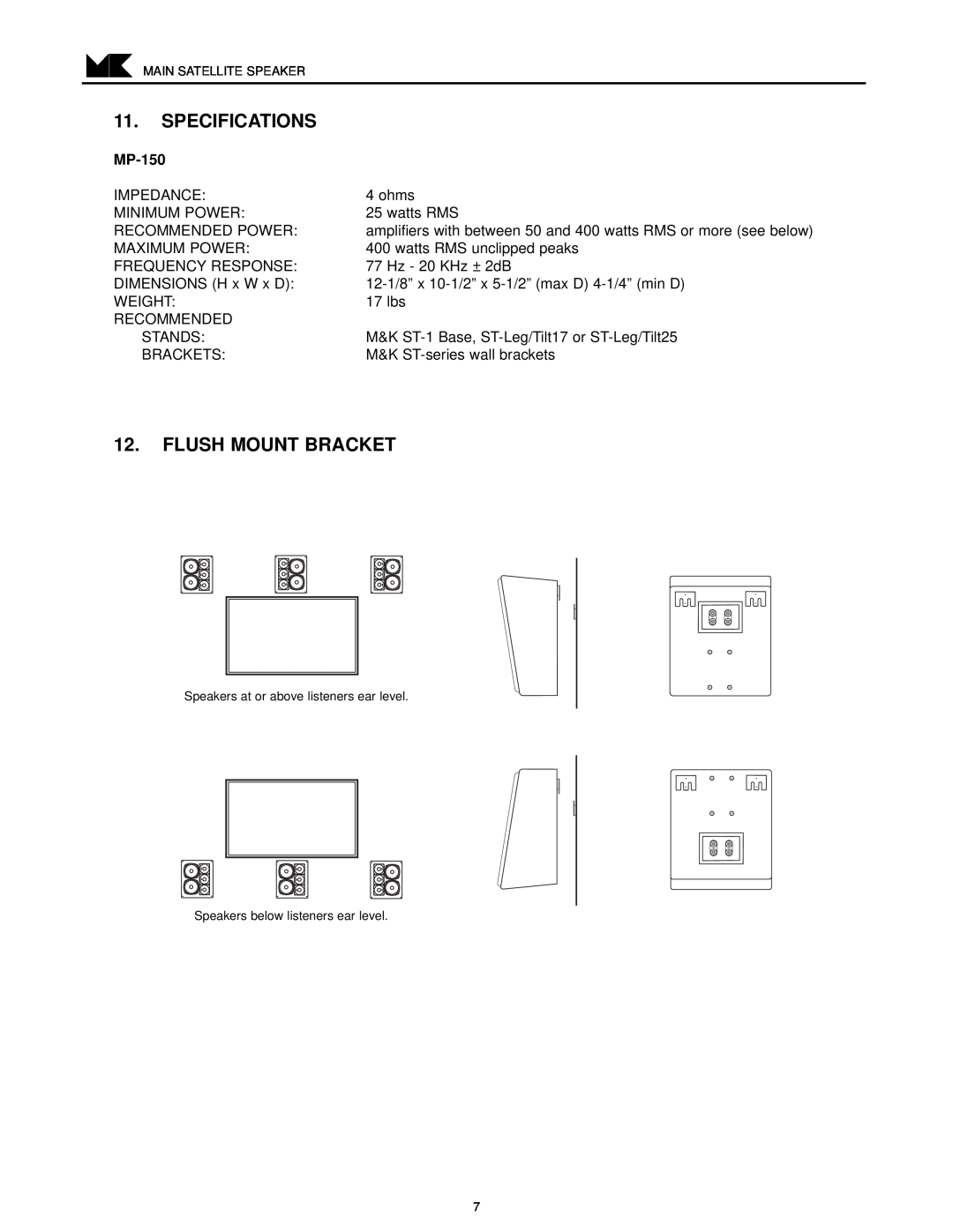 MK Sound MP-150 operation manual Specifications, Flush Mount Bracket 