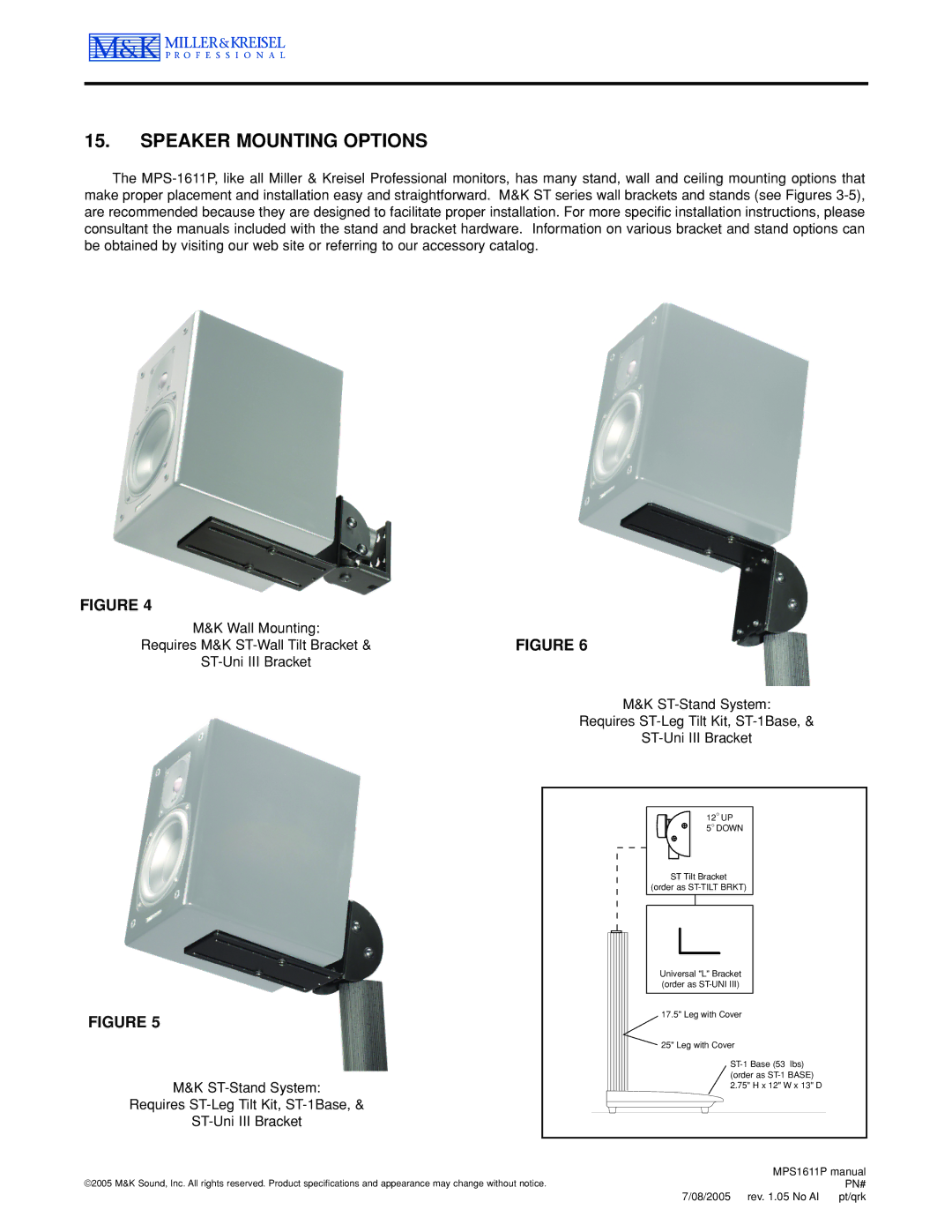 MK Sound MPS-1611P operation manual Speaker Mounting Options, 5O Down 