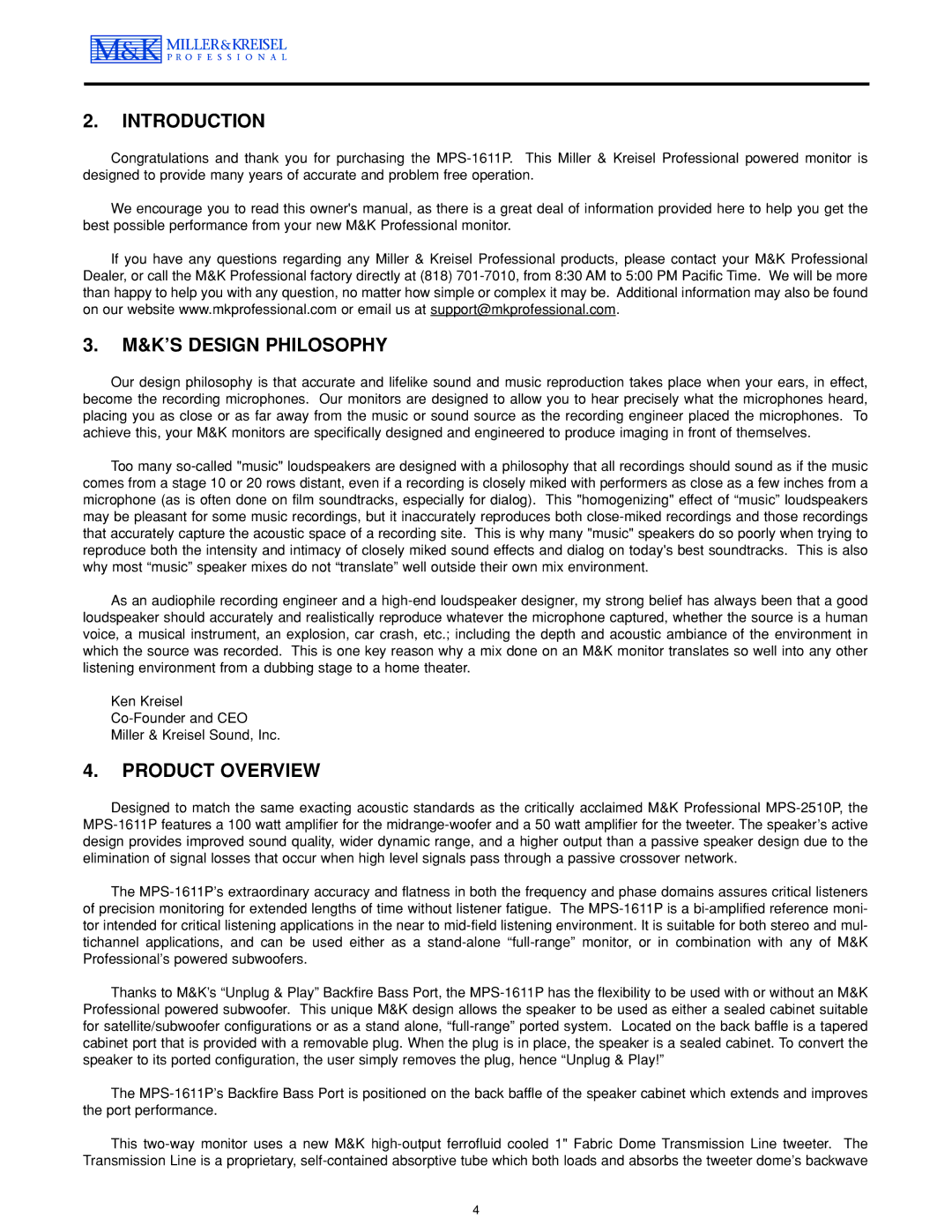 MK Sound MPS-1611P operation manual Introduction, K’S Design Philosophy, Product Overview 