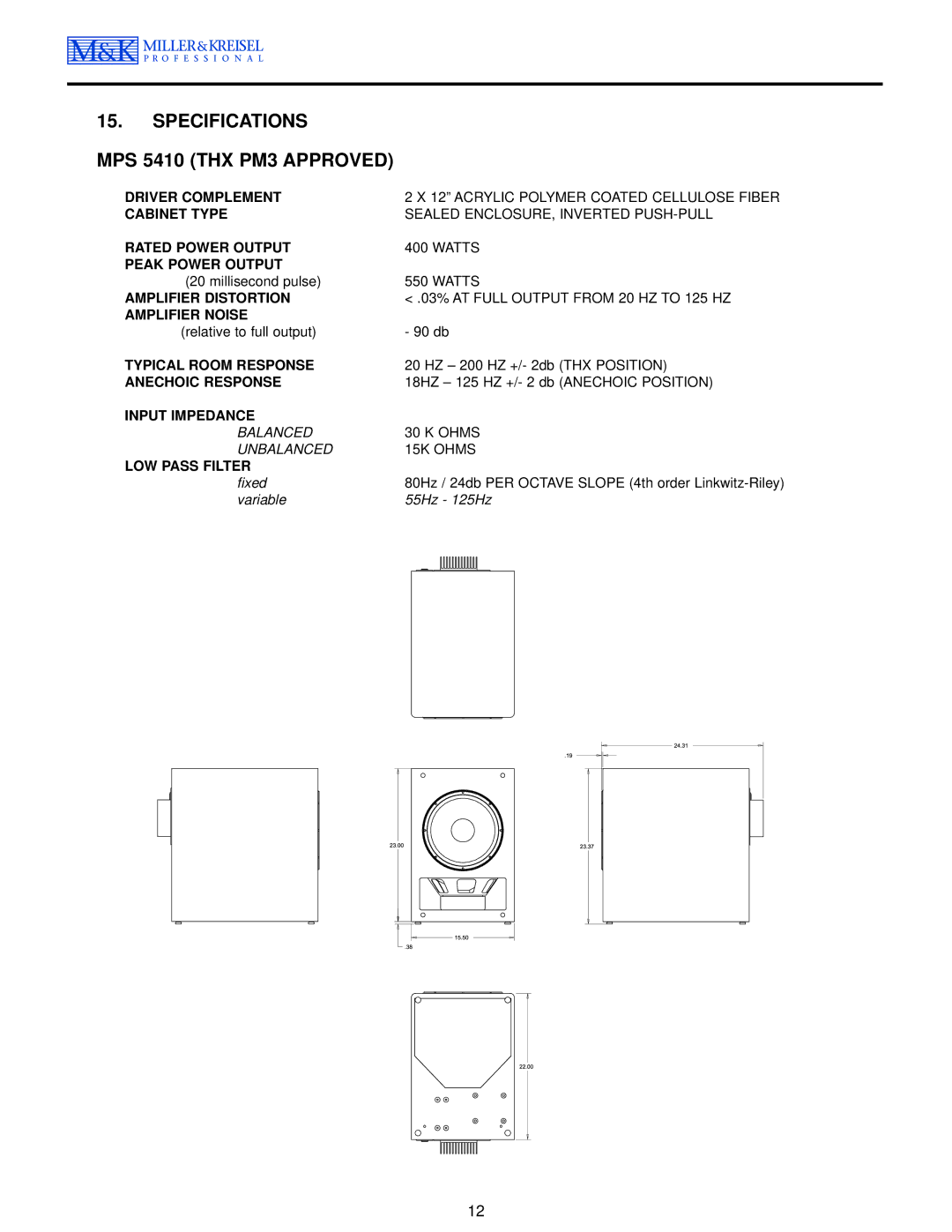 MK Sound MPS-2810 operation manual Specifications MPS 5410 THX PM3 Approved 