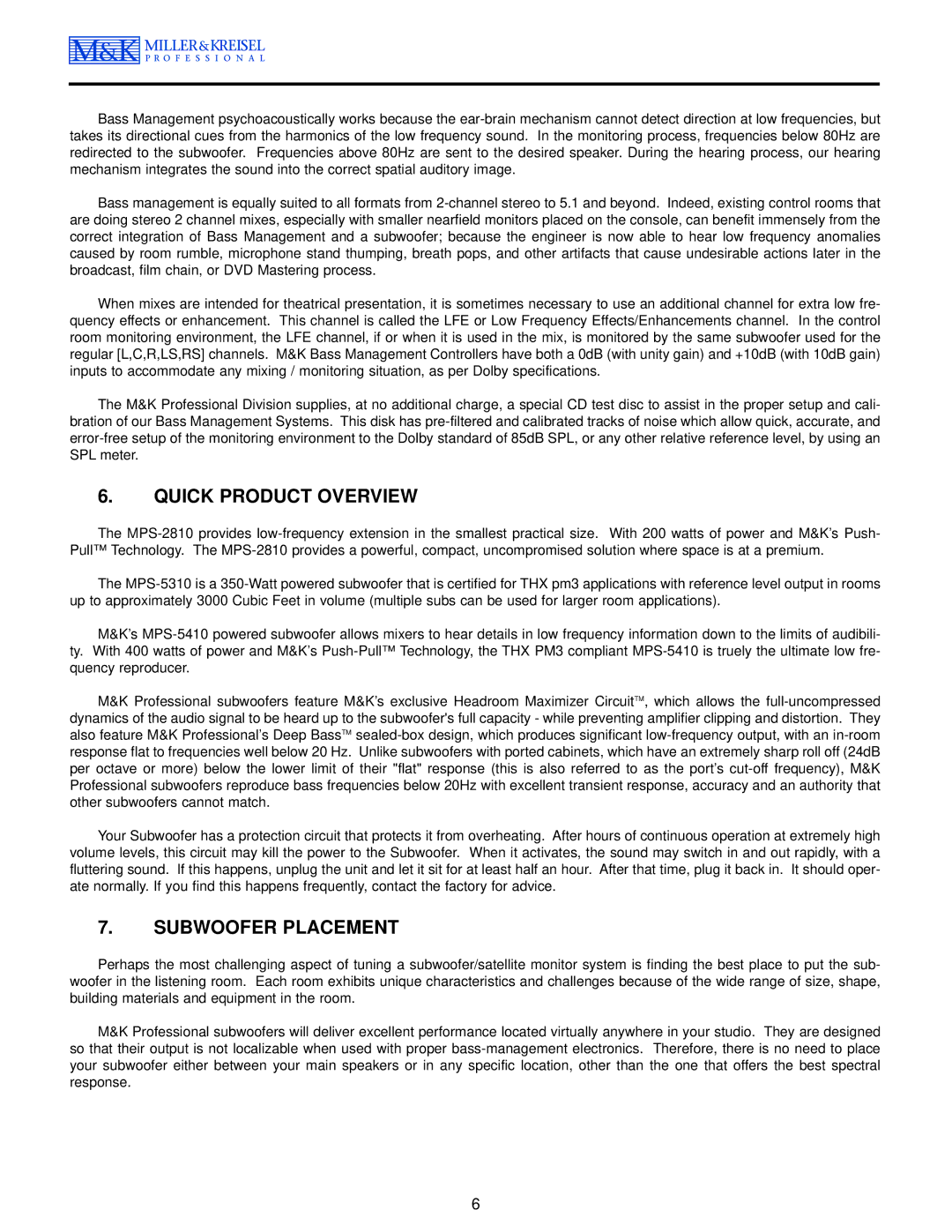 MK Sound MPS-2810 operation manual Quick Product Overview, Subwoofer Placement 