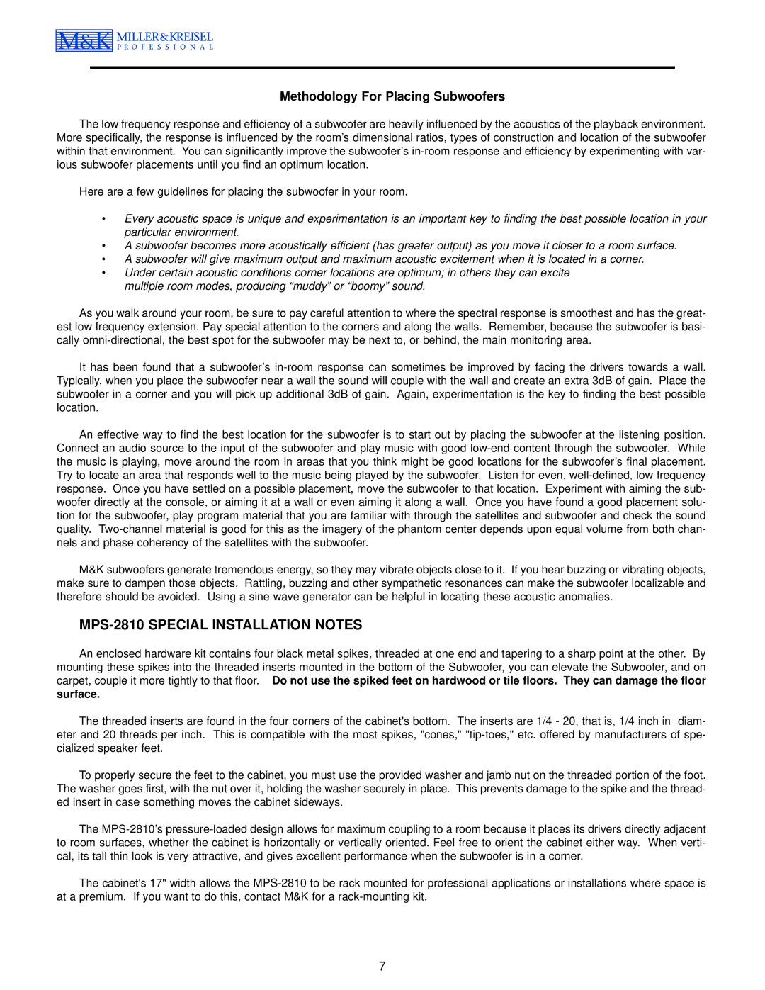 MK Sound operation manual MPS-2810 Special Installation Notes, Methodology For Placing Subwoofers 