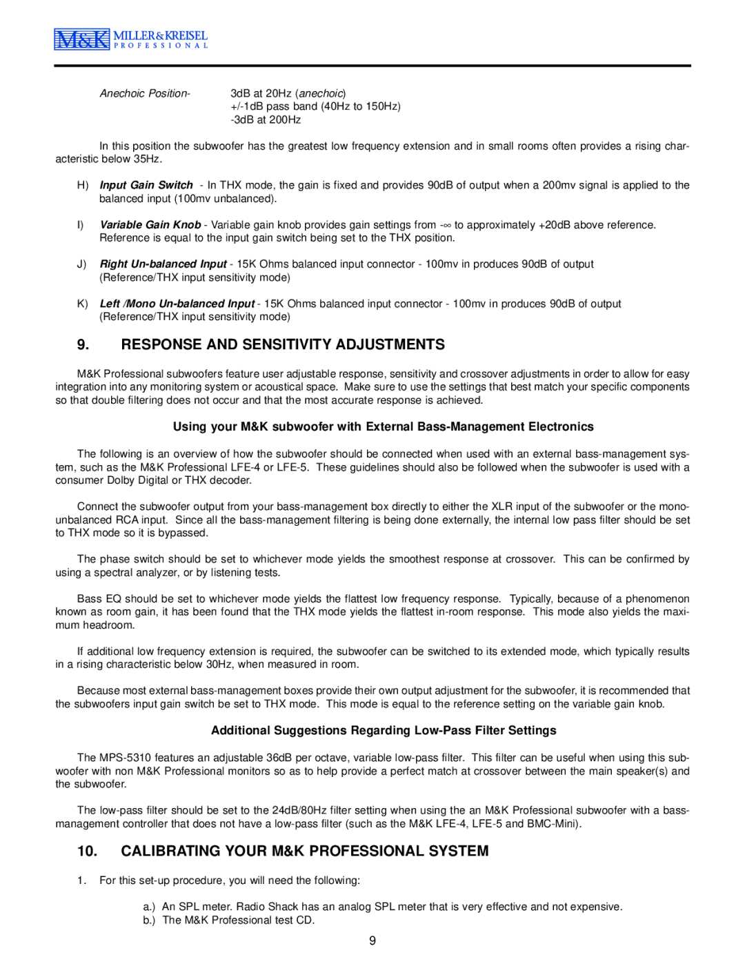 MK Sound MPS-2810 operation manual Response and Sensitivity Adjustments, Calibrating Your M&K Professional System 