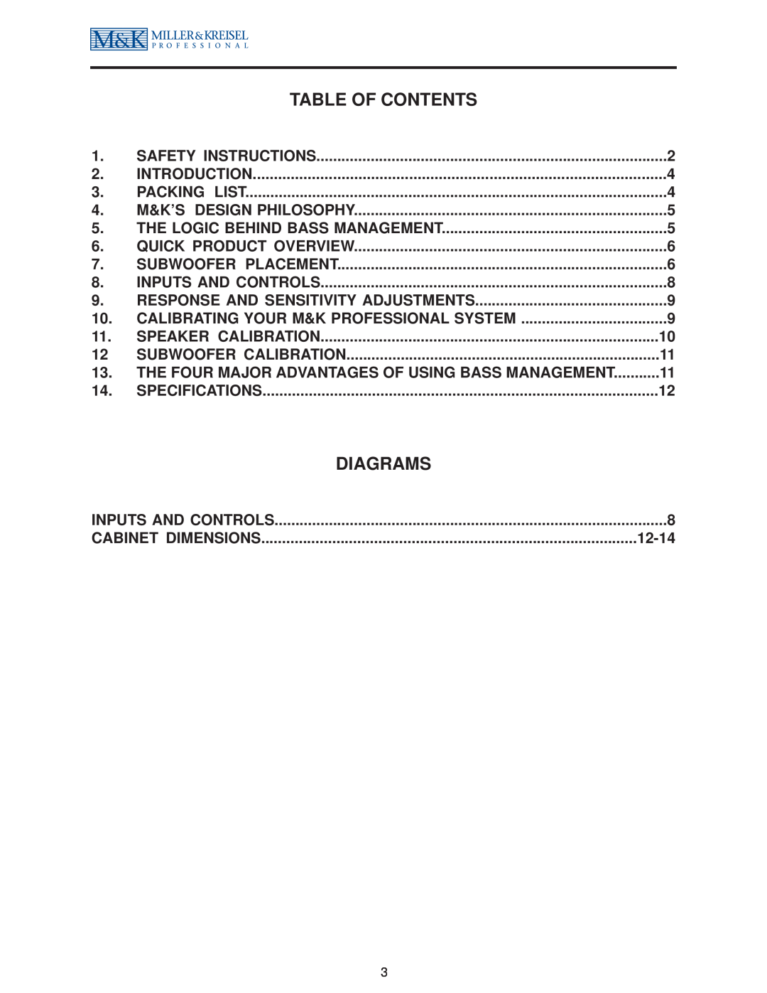 MK Sound MPS-2810 operation manual Table Of Contents, Diagrams 