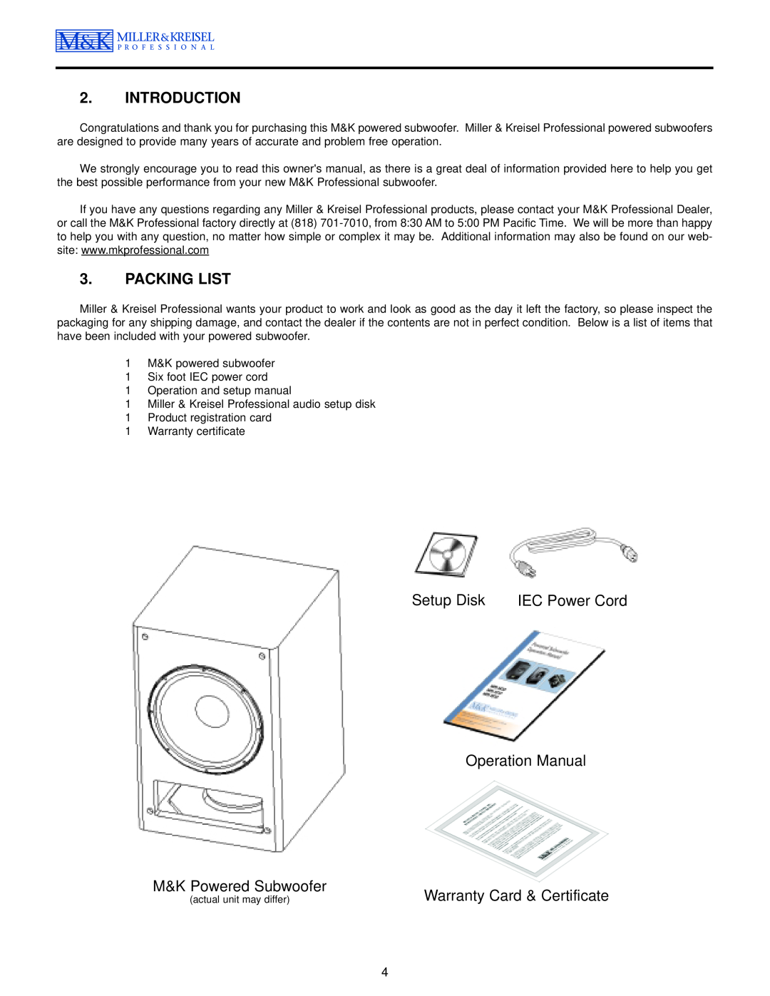 MK Sound MPS-2810 operation manual Setup Disk, IEC Power Cord, M&K Powered Subwoofer, Warranty Card & Certificate 