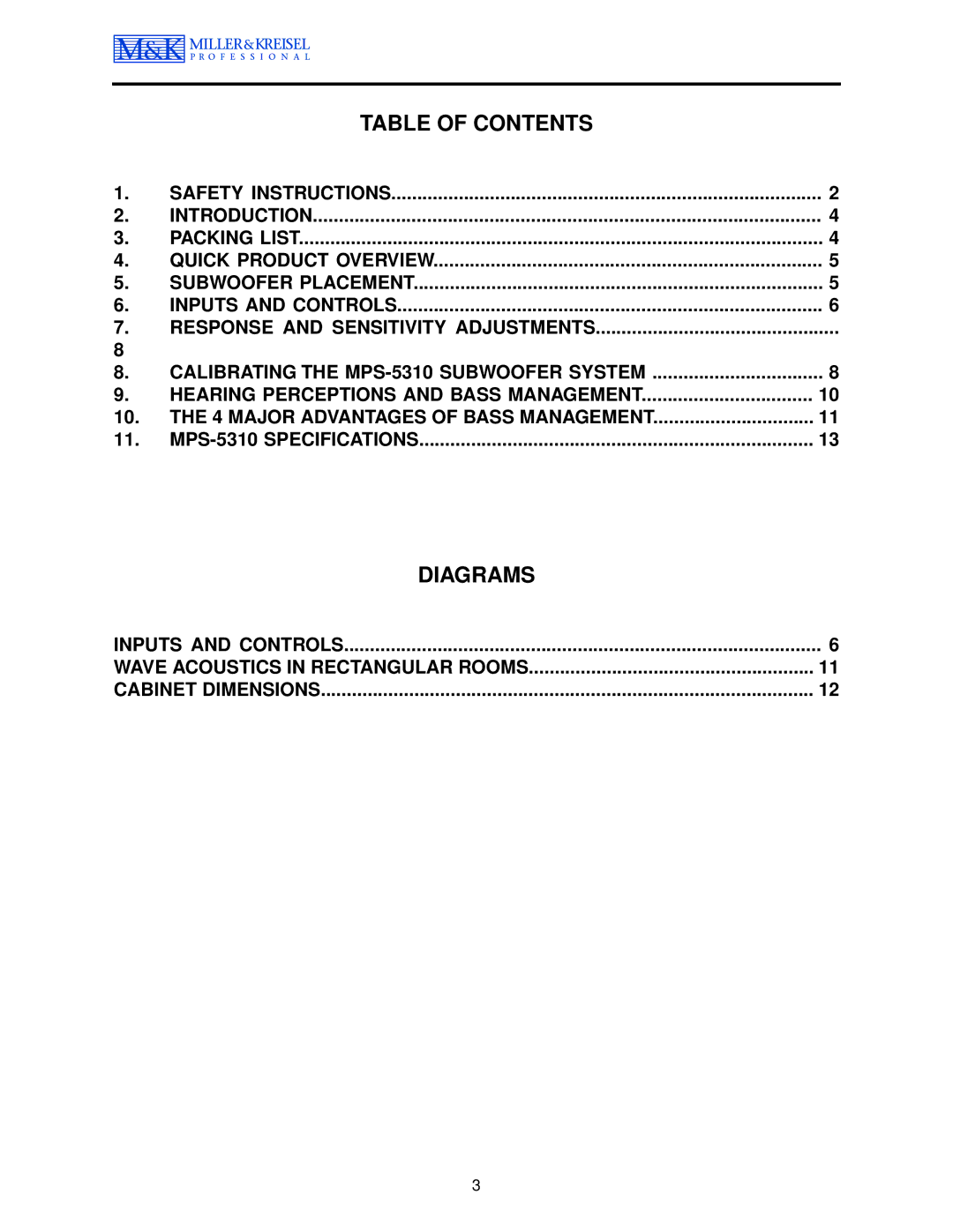 MK Sound MPS-5410, MPS-5310 operation manual Table of Contents, Diagrams 