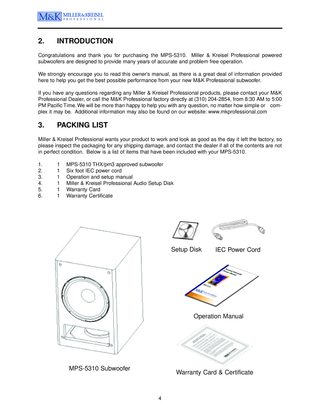 MK Sound MPS-5310, MPS-5410 operation manual Introduction, Packing List 