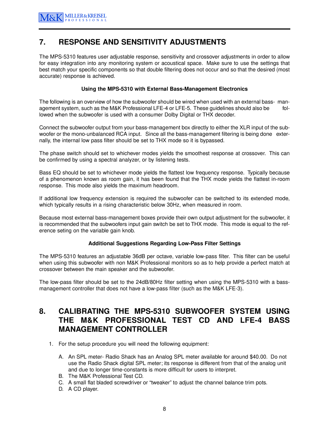 MK Sound MPS-5310 Response and Sensitivity Adjustments, Additional Suggestions Regarding Low-Pass Filter Settings 