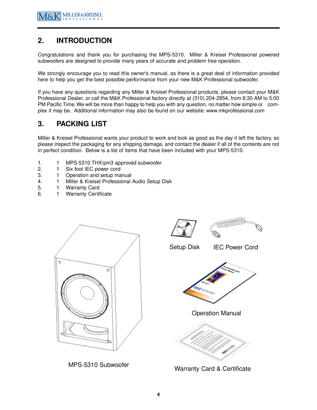 MK Sound MPS-5410 operation manual Introduction, Packing List, Setup Disk, IEC Power Cord, MPS-5310Subwoofer 