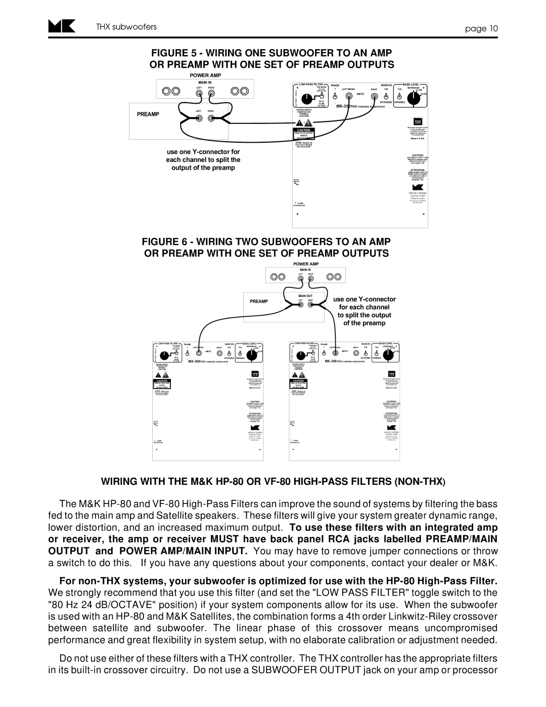 MK Sound MX-5000THX Mk II, MX-350THX operation manual Wiring with the M&K HP-80 or VF-80 HIGH-PASS Filters NON-THX 