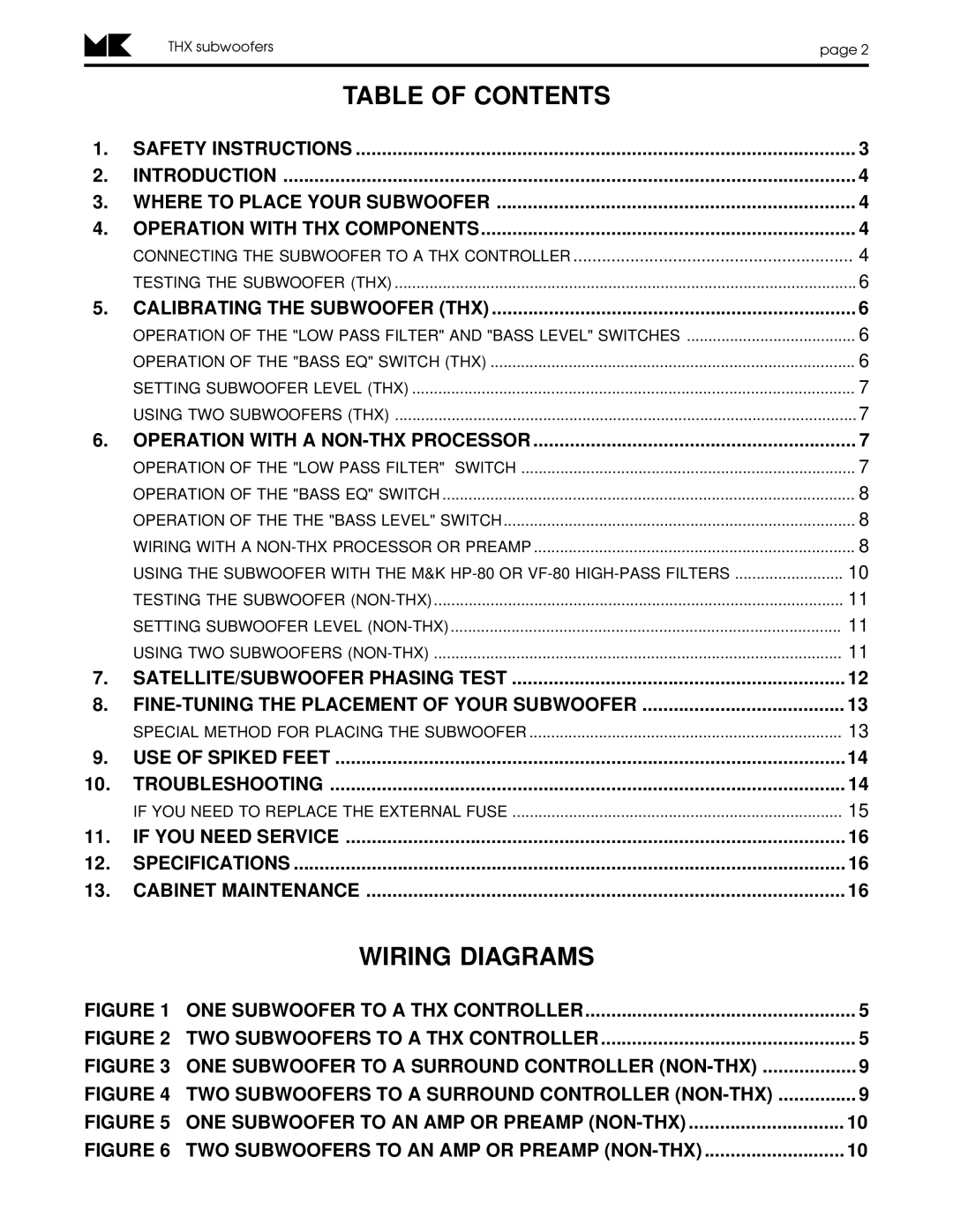 MK Sound MX-5000THX Mk II, MX-350THX operation manual Table of Contents, Wiring Diagrams 