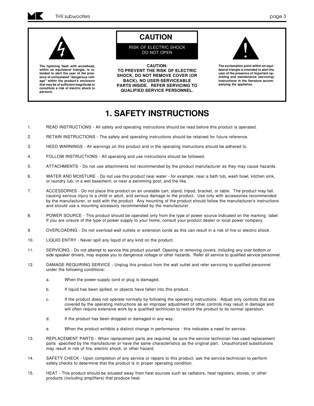 MK Sound MX-5000THX Mk II, MX-350THX operation manual Safety Instructions, THX subwooferspage 