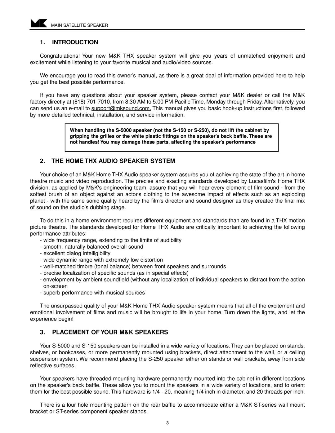 MK Sound S-150THX AC, S-250 S-150THX Introduction, Home THX Audio Speaker System, Placement of Your M&K Speakers 