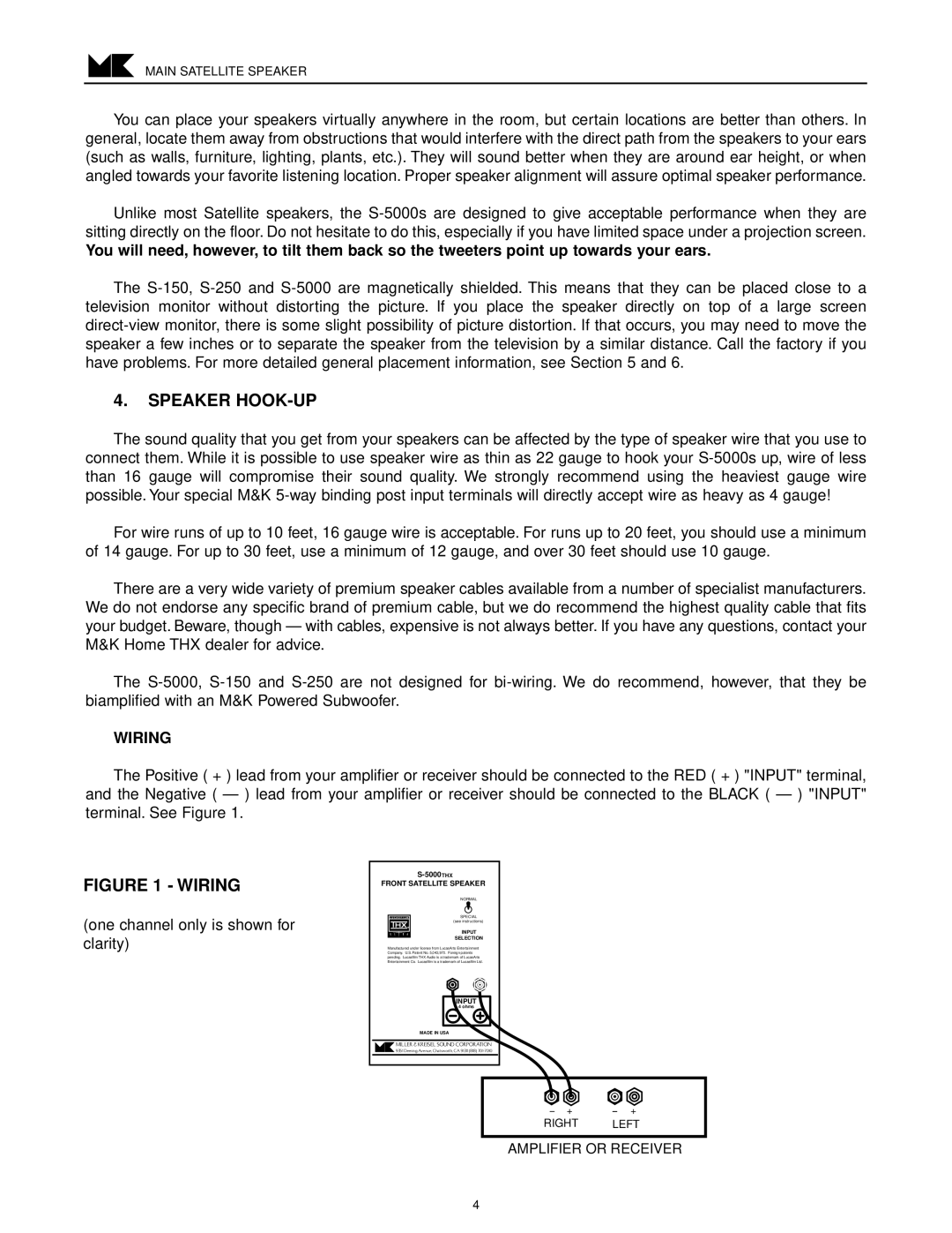 MK Sound S-250 S-150THX, S-150THX AC operation manual Speaker HOOK-UP, Wiring 