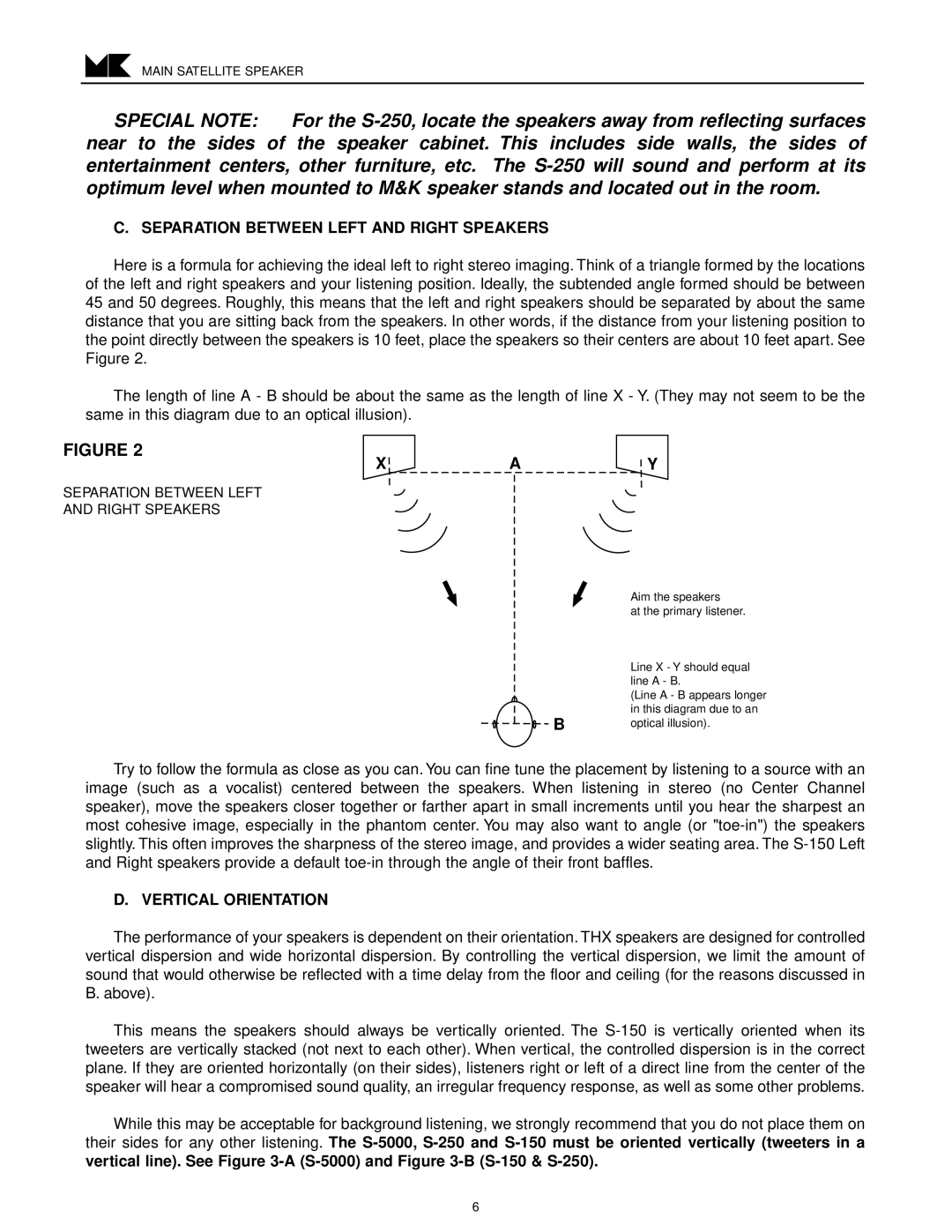 MK Sound S-250 S-150THX, S-150THX AC operation manual Separation Between Left and Right Speakers, Vertical Orientation 