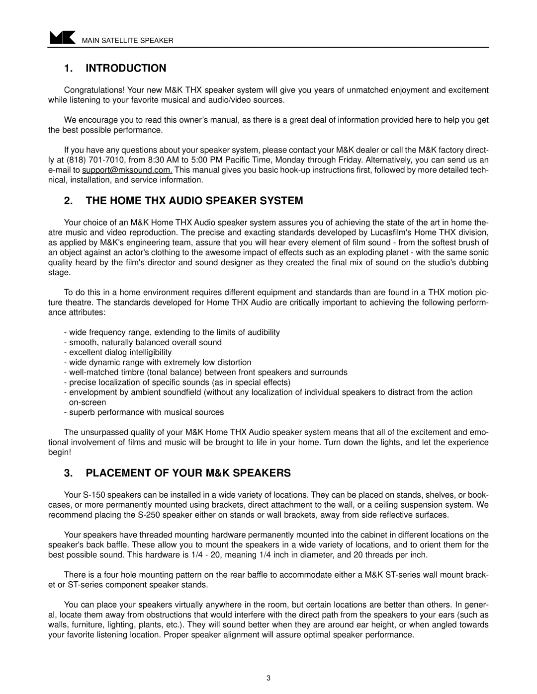 MK Sound S-250, S-150THX C operation manual Introduction, Home THX Audio Speaker System, Placement of Your M&K Speakers 