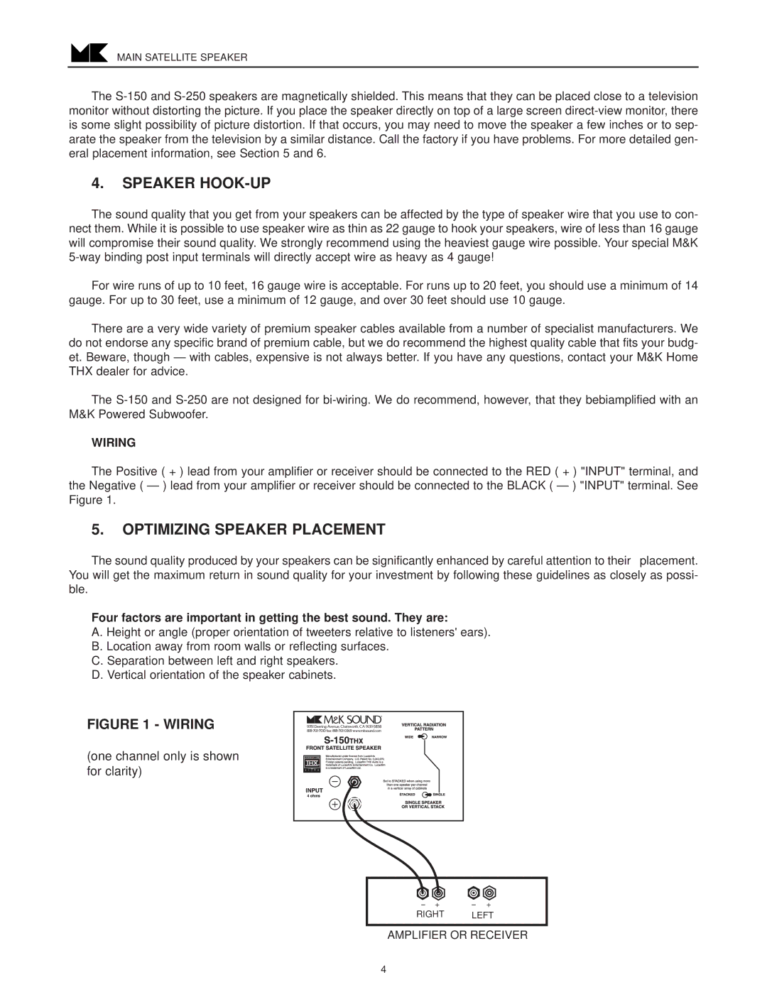MK Sound S-250, S-150THX C operation manual Speaker HOOK-UP, Optimizing Speaker Placement, Wiring 