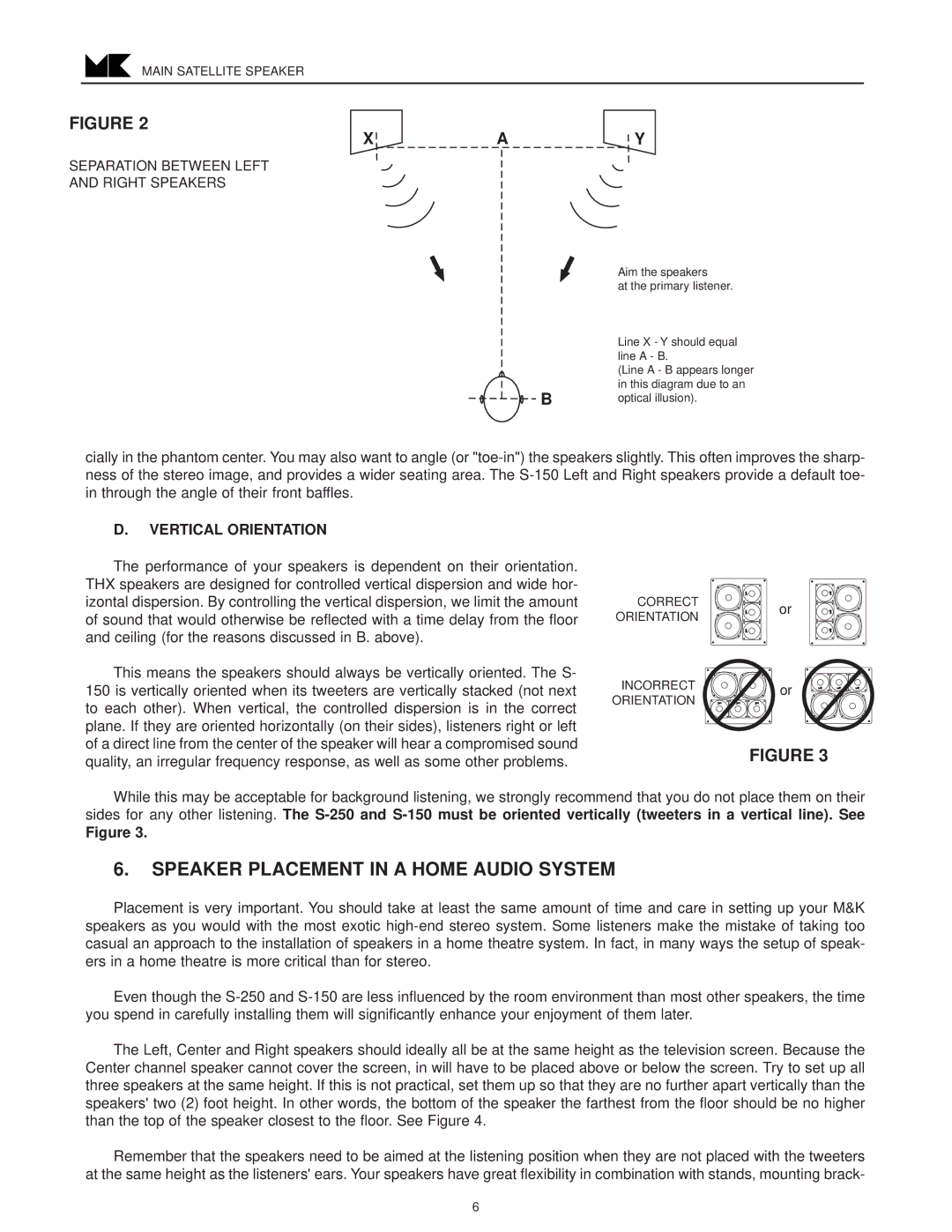 MK Sound S-250, S-150THX C operation manual Speaker Placement in a Home Audio System, Vertical Orientation 