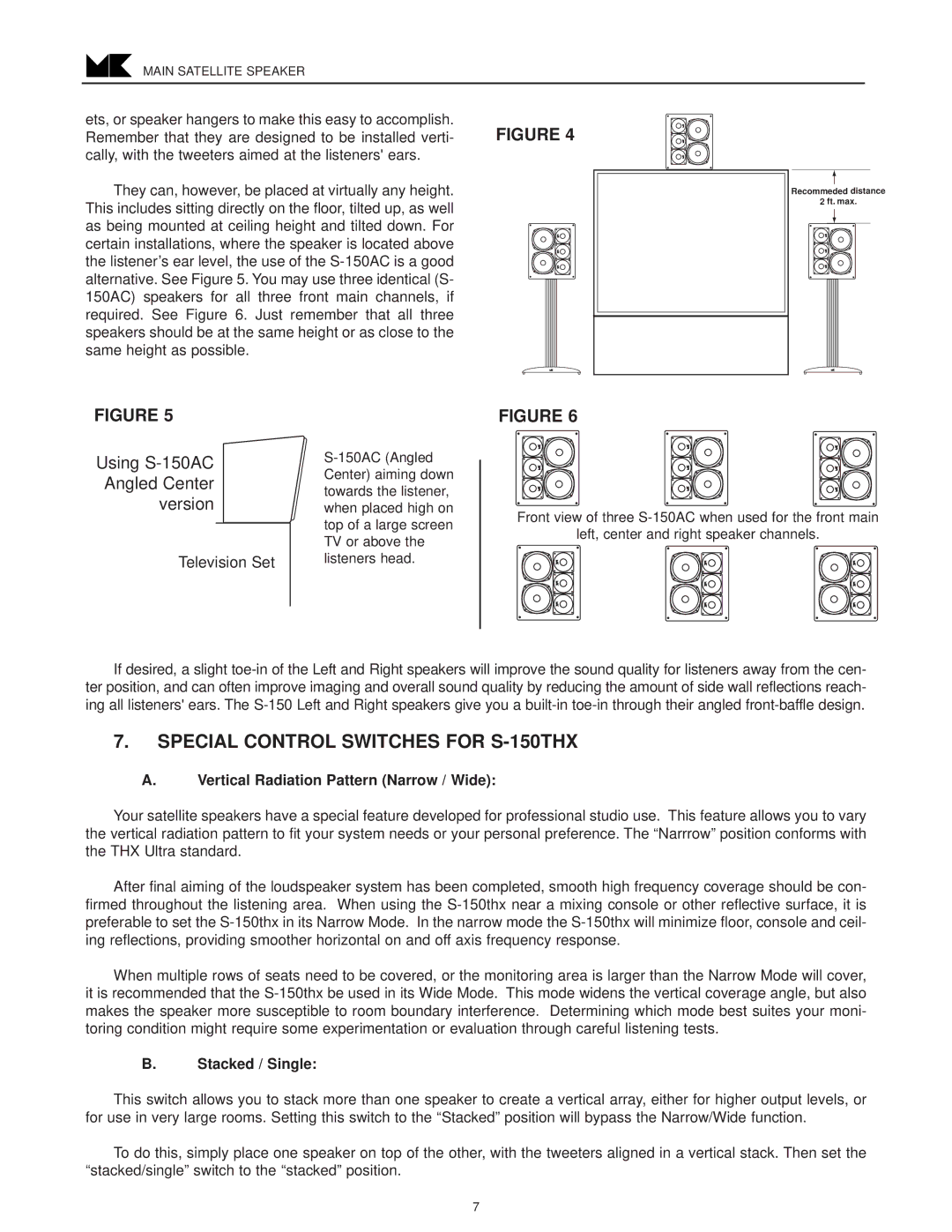 MK Sound S-250, S-150THX C operation manual Special Control Switches for S-150THX, Using S-150AC Angled Center Version 