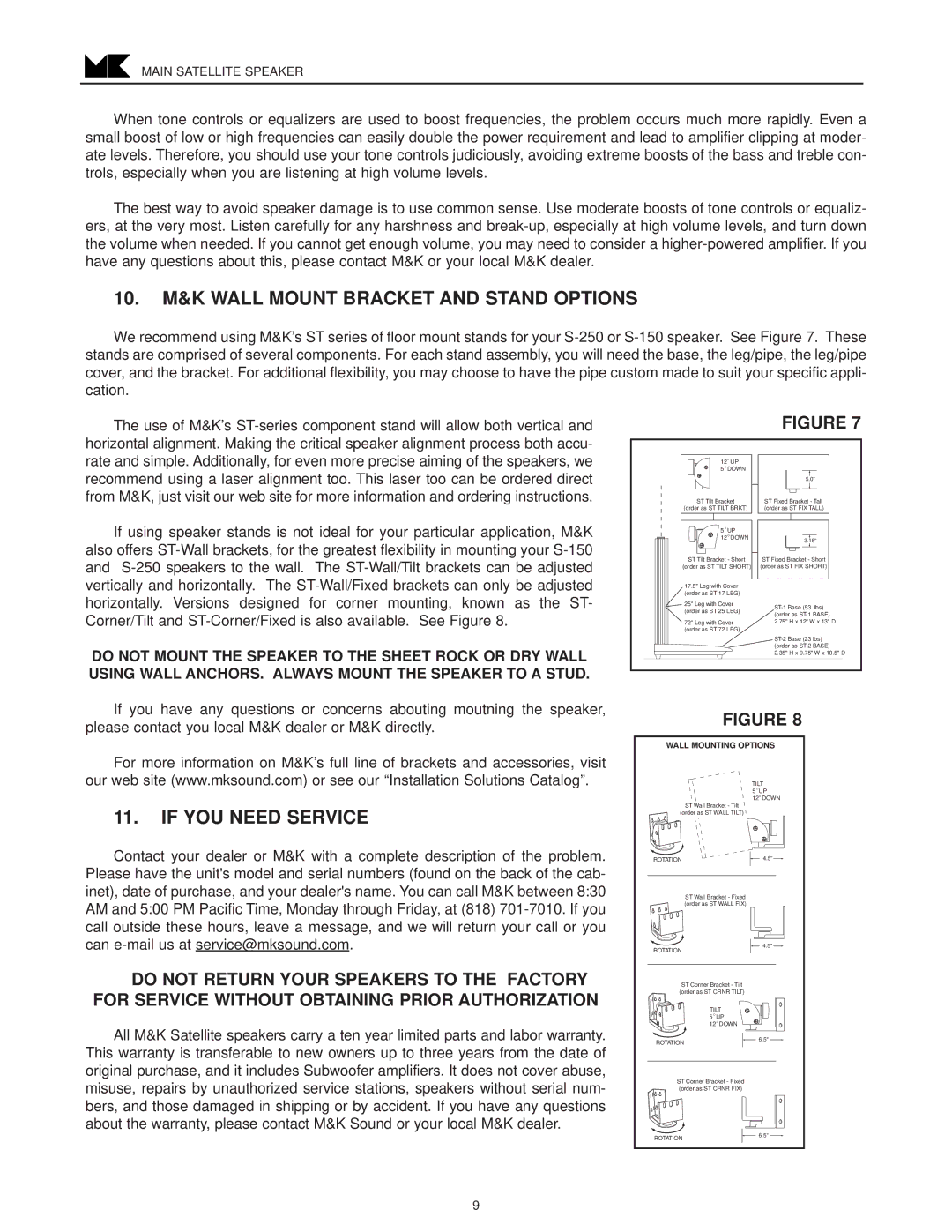 MK Sound S-250, S-150THX C operation manual 10. M&K Wall Mount Bracket and Stand Options, If YOU Need Service 