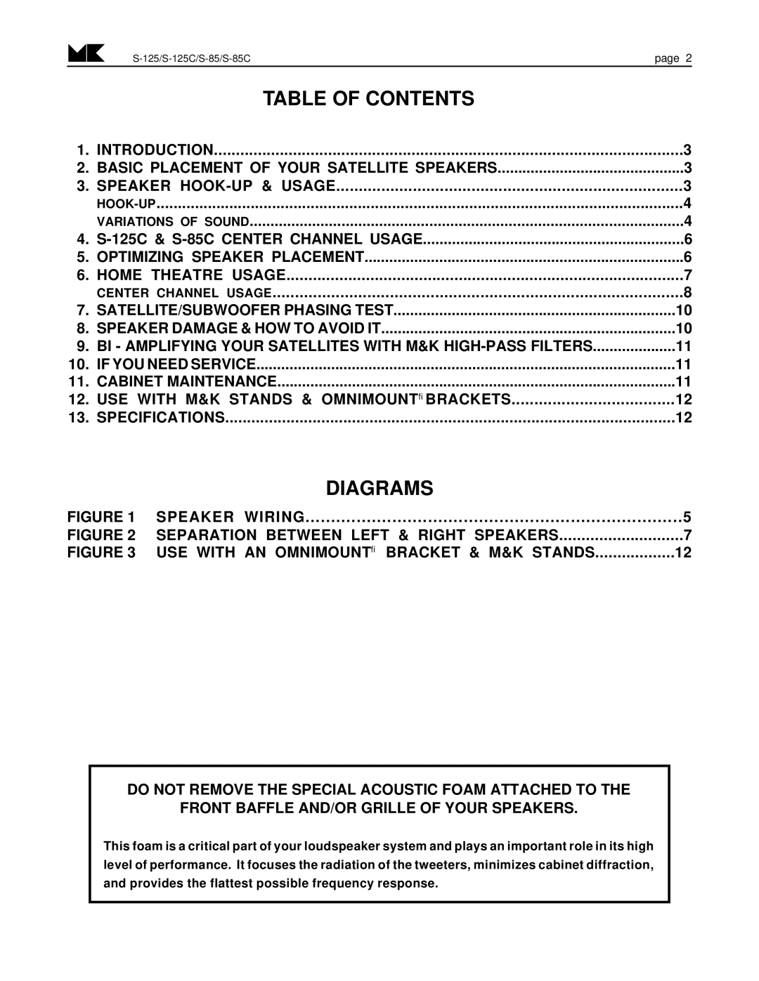 MK Sound S-85C, S-125C operation manual Table of Contents, Diagrams 