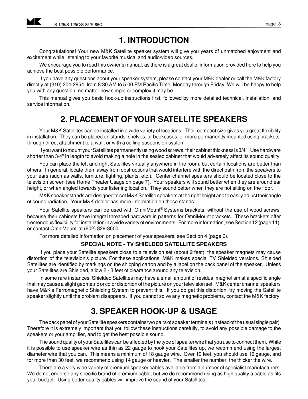 MK Sound S-125C, S-85C operation manual Introduction, Placement of Your Satellite Speakers, Speaker HOOK-UP & Usage 