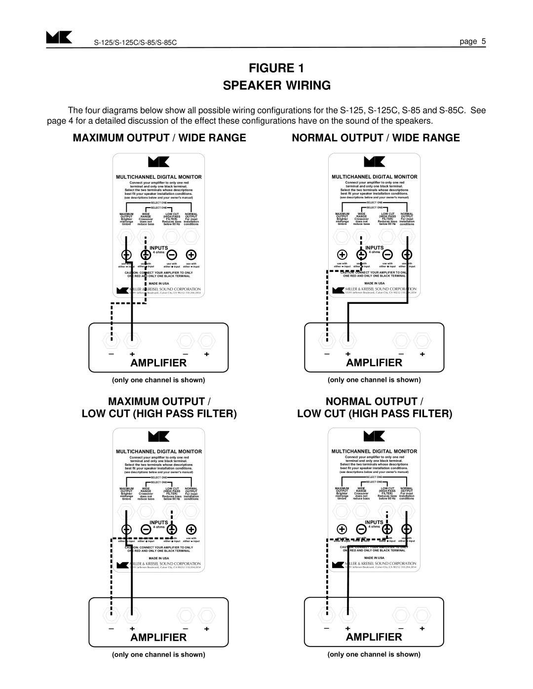 MK Sound S-125C, S-85C operation manual Speaker Wiring, Maximum Output / Wide Range Normal Output / Wide Range 