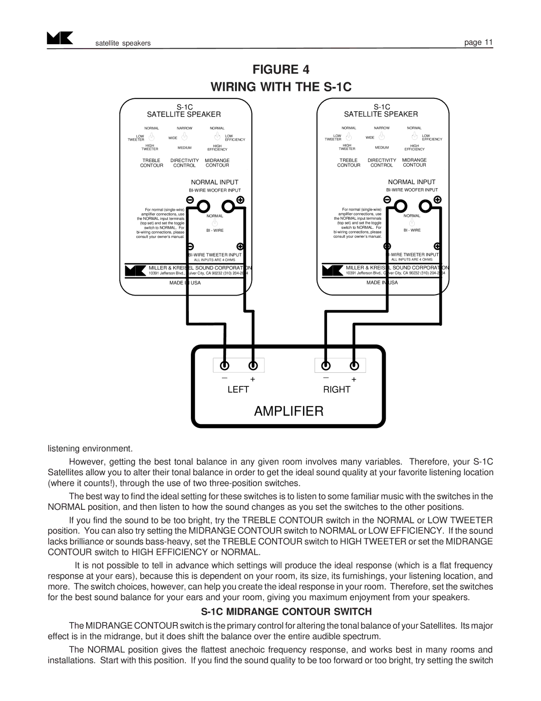 MK Sound S-80 SX-7, S-90 operation manual Wiring with the S-1C, 1C Midrange Contour Switch 