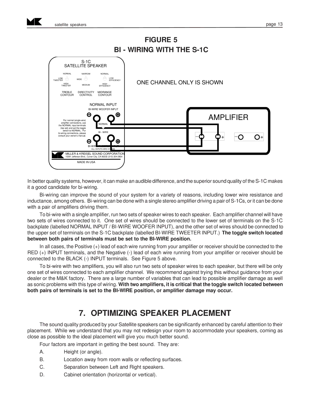 MK Sound S-90, S-80 SX-7 operation manual Optimizing Speaker Placement, BI Wiring with the S-1C 