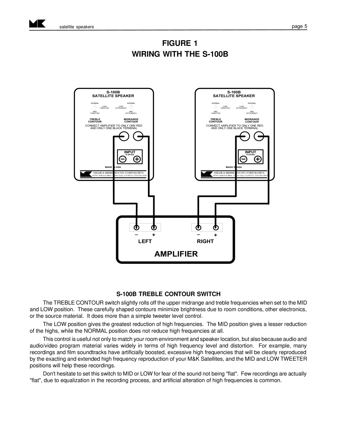 MK Sound S-80 SX-7, S-90, S-1C operation manual Wiring with the S-100B, 100B Treble Contour Switch 