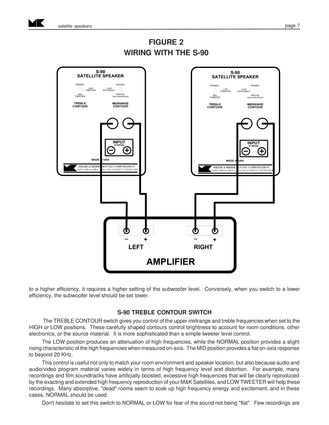 MK Sound S-1C, S-80 SX-7 operation manual Wiring with the S-90, Treble Contour Switch 