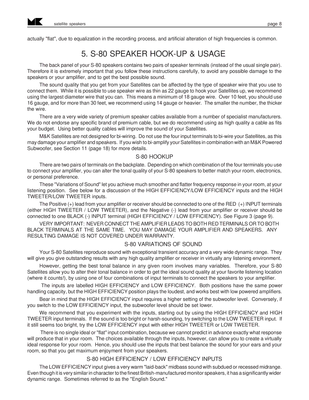 MK Sound S-80 SX-7, S-90, S-1C operation manual Speaker HOOK-UP & Usage, High Efficiency / LOW Efficiency Inputs 