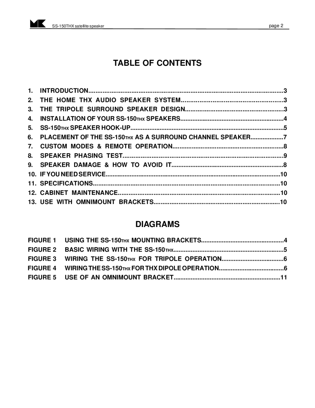 MK Sound SS-150THX operation manual Table of Contents, Diagrams 