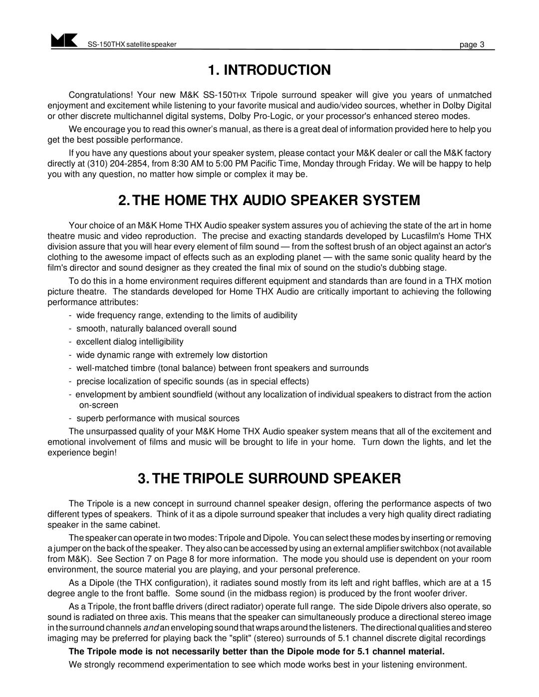 MK Sound SS-150THX operation manual Introduction, Home THX Audio Speaker System, Tripole Surround Speaker 