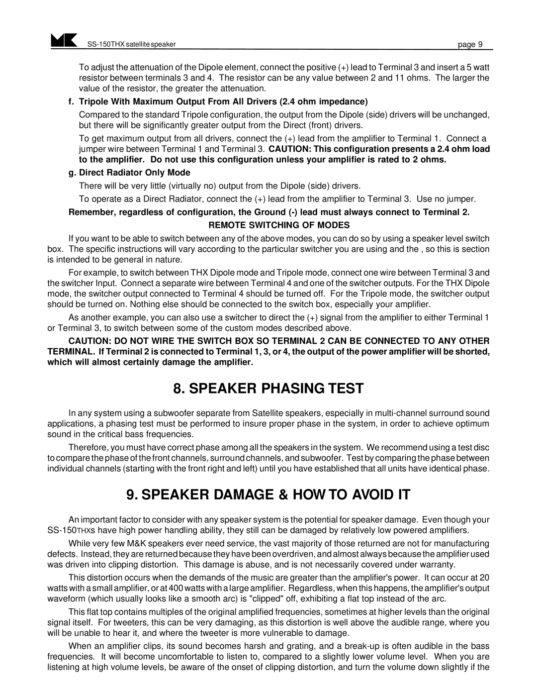 MK Sound SS-150THX operation manual Speaker Phasing Test, Speaker Damage & HOW to Avoid IT, Direct Radiator Only Mode 