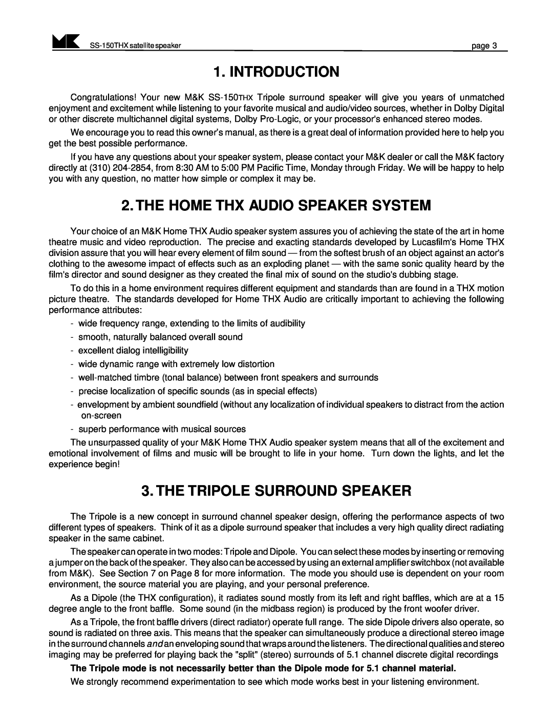 MK Sound SS-150THX operation manual Introduction, The Home Thx Audio Speaker System, The Tripole Surround Speaker 