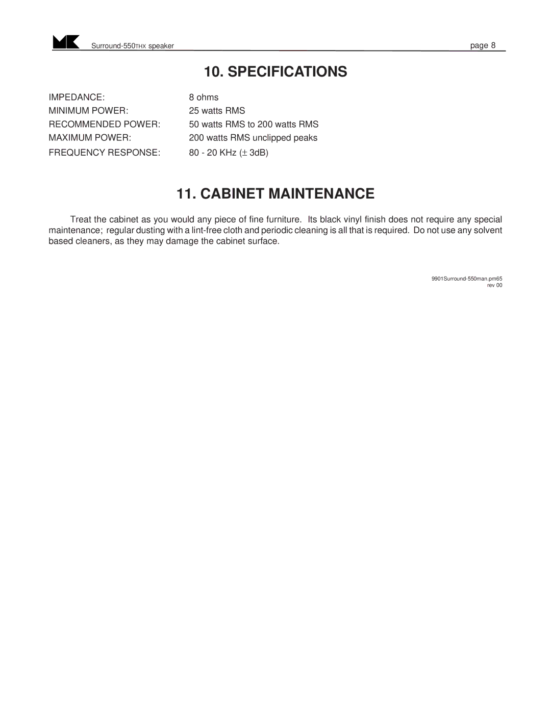 MK Sound SURROUND-550THX operation manual Specifications, Cabinet Maintenance 