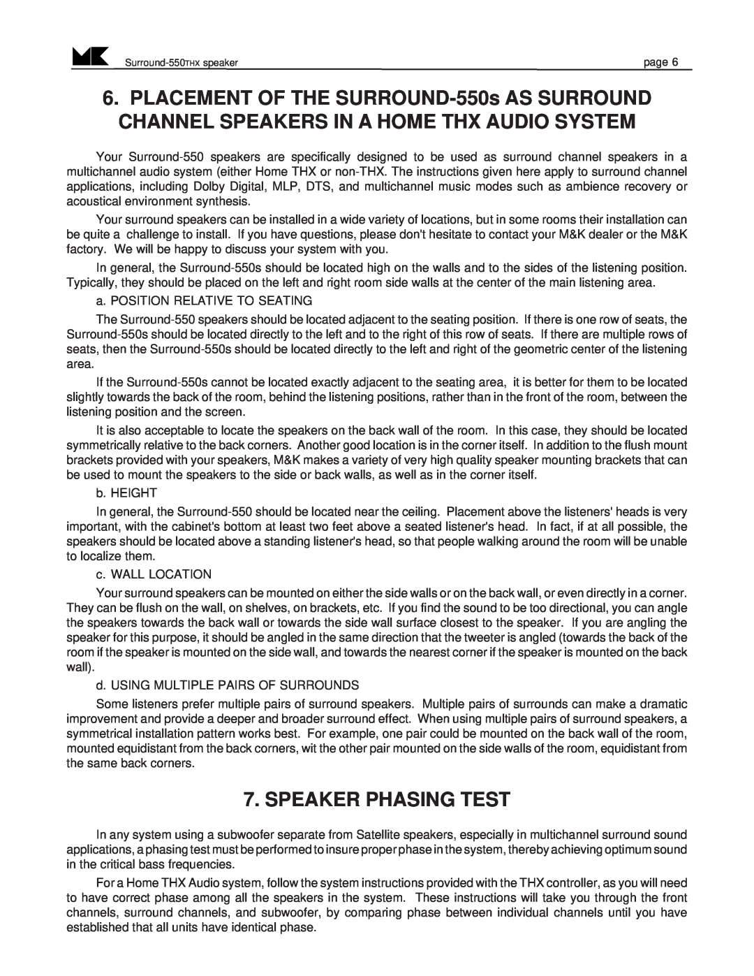 MK Sound SURROUND-550THX operation manual Speaker Phasing Test 