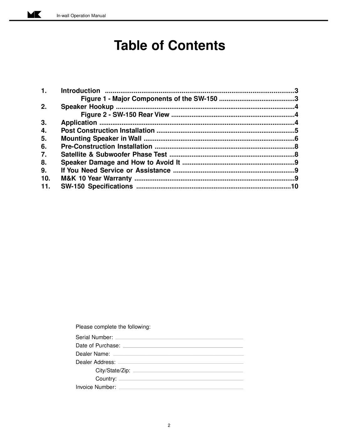 MK Sound SW-150 operation manual Table of Contents 