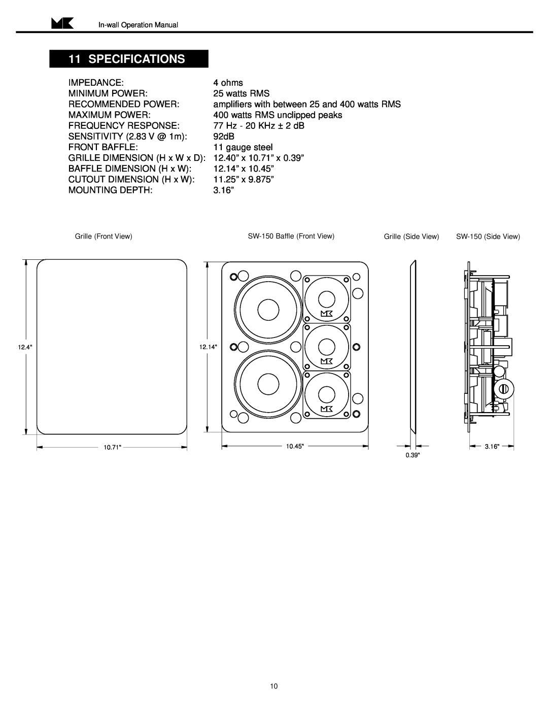 MK Sound SW-150 operation manual Specifications 