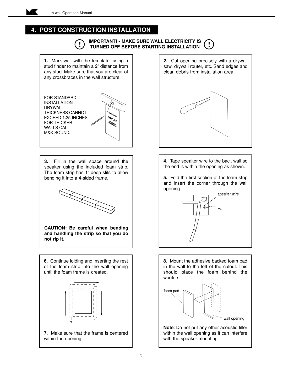 MK Sound SW-150 operation manual Post Construction Installation, Important! - Make Sure Wall Electricity Is 