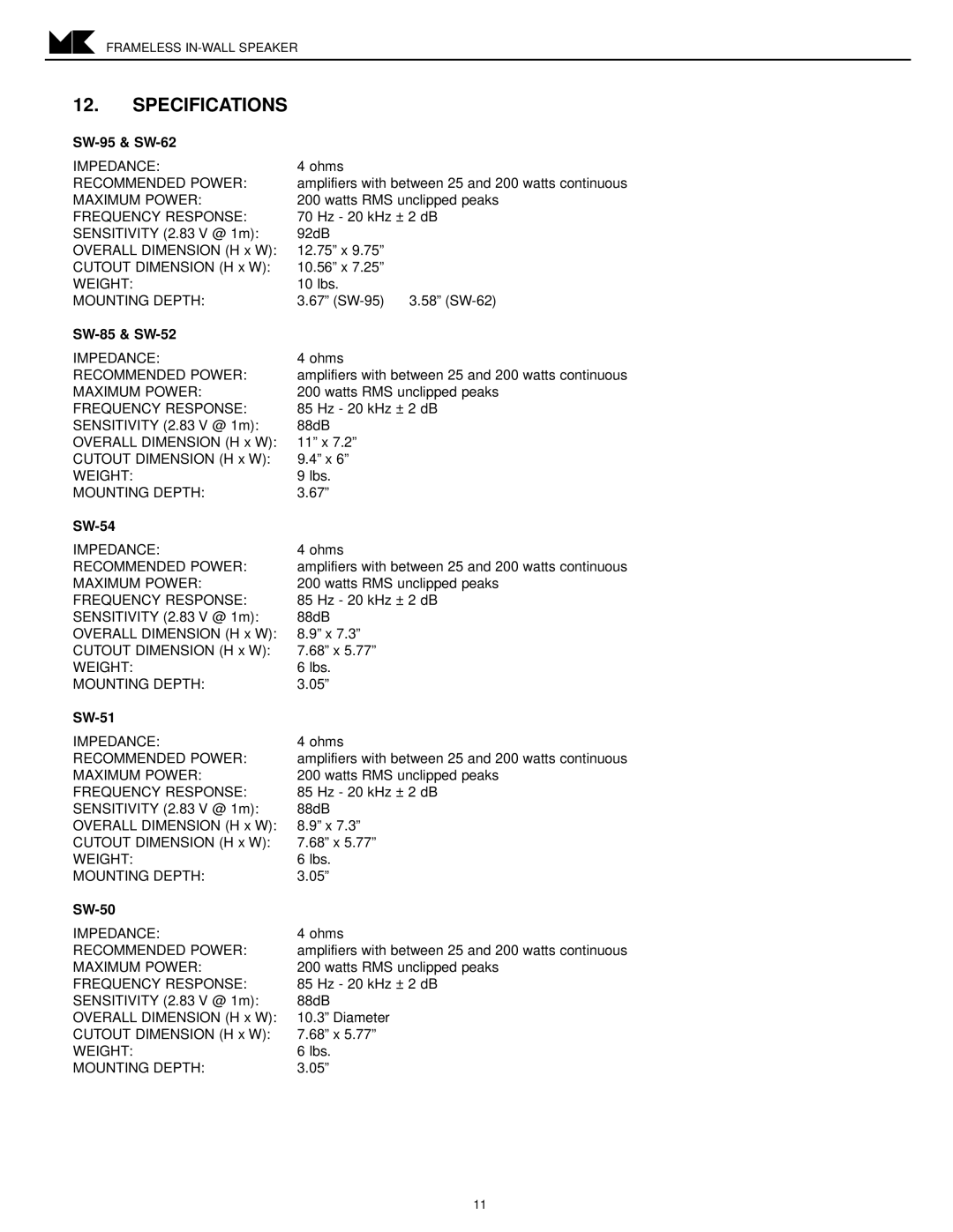 MK Sound SW-62 SW-54, SW-85, SW-52, SW-51, SW-50 operation manual Specifications, SW-95 & SW-62 