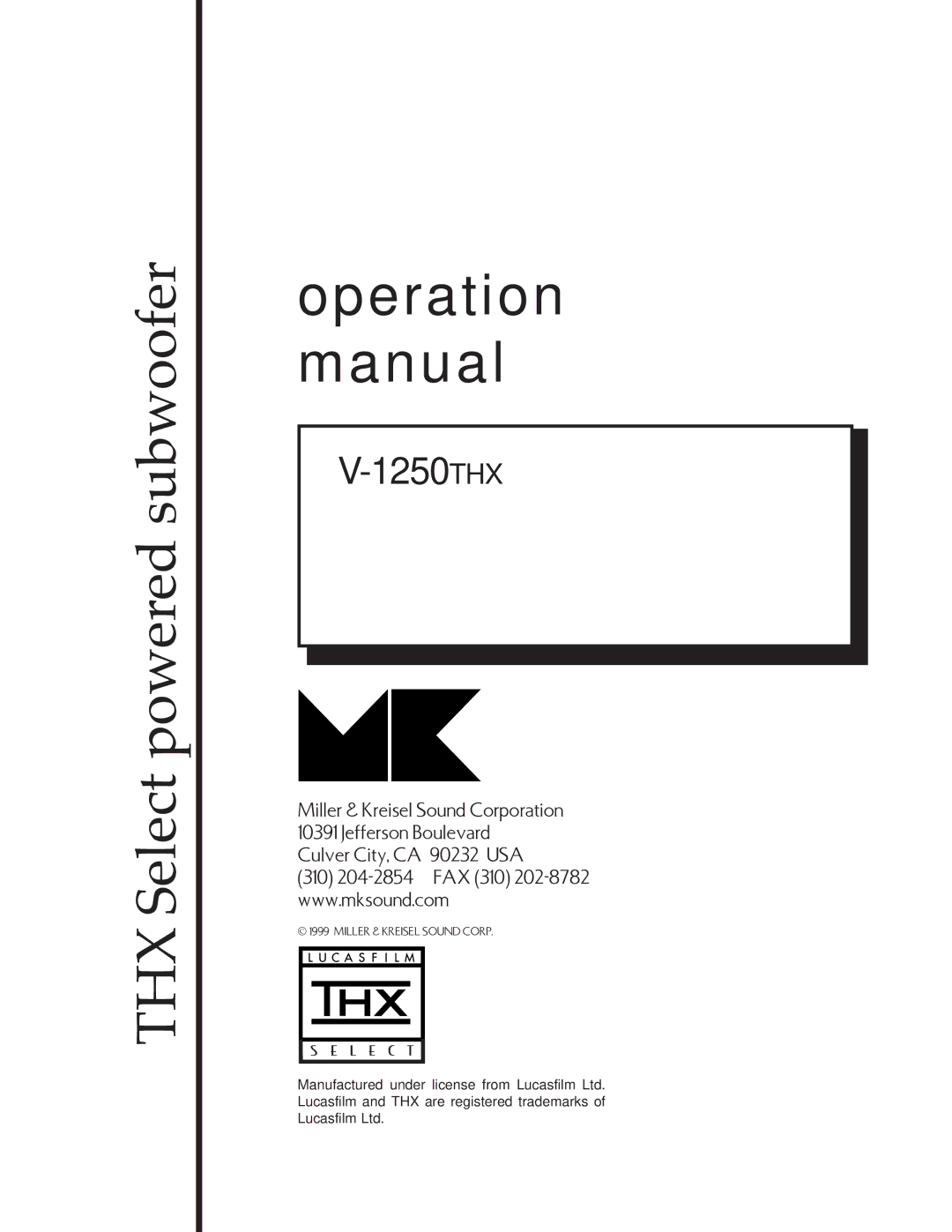 MK Sound V-1250THX operation manual THX Select powered subwoofer 