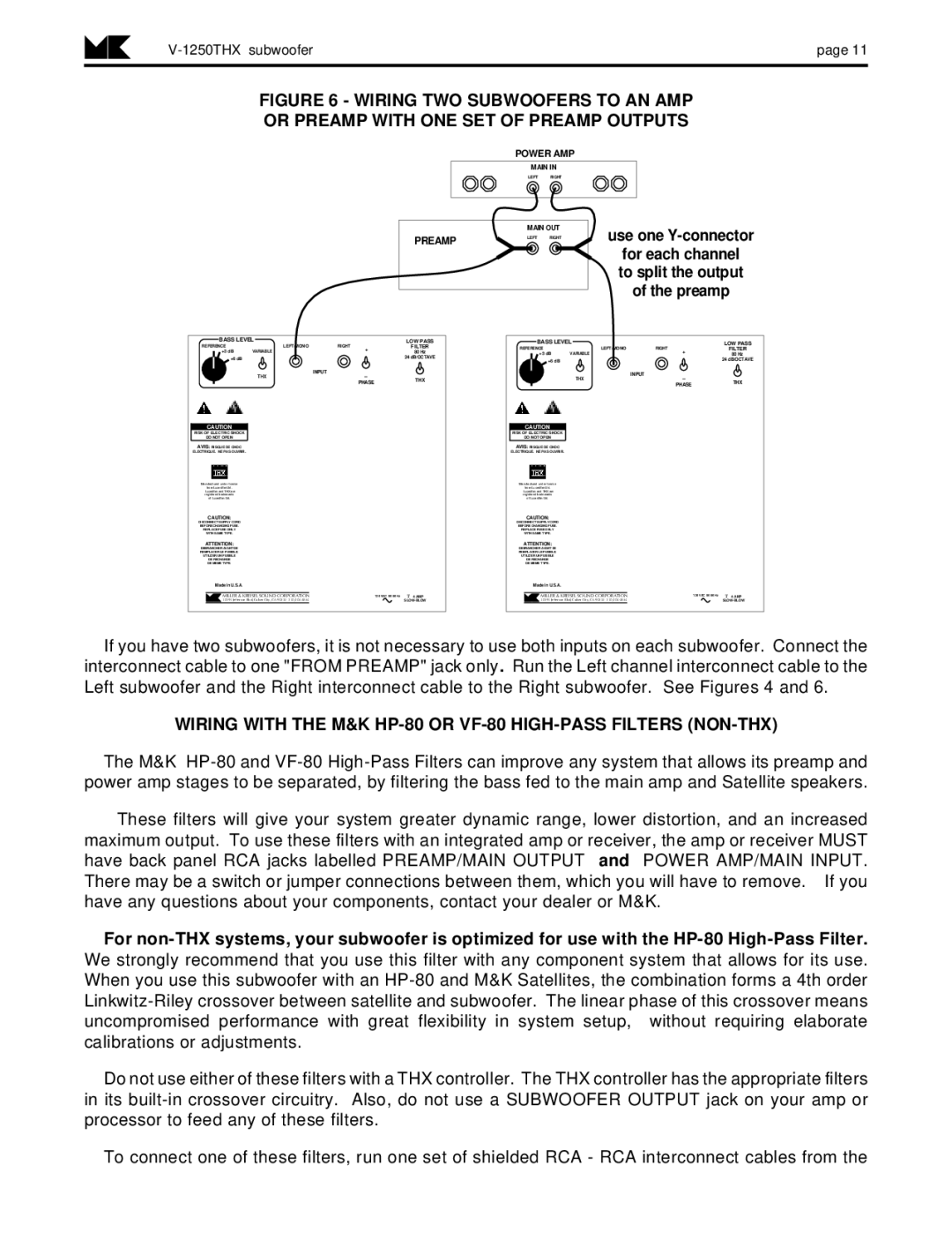 MK Sound V-1250THX operation manual Wiring with the M&K HP-80 or VF-80 HIGH-PASS Filters NON-THX 