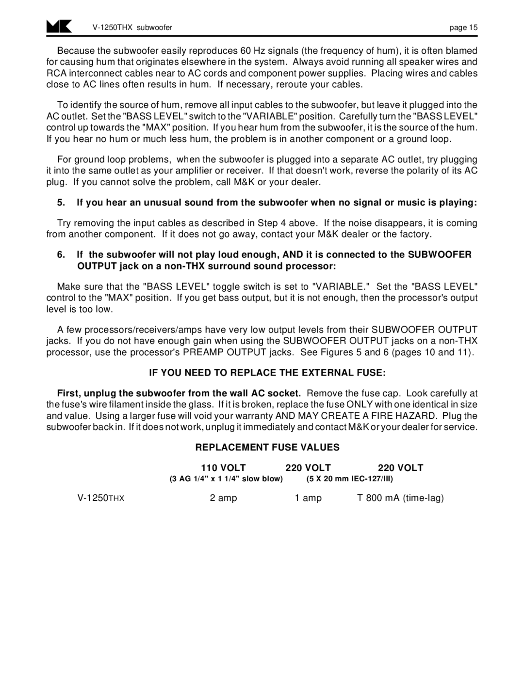 MK Sound V-1250THX operation manual If YOU Need to Replace the External Fuse, Replacement Fuse Values 