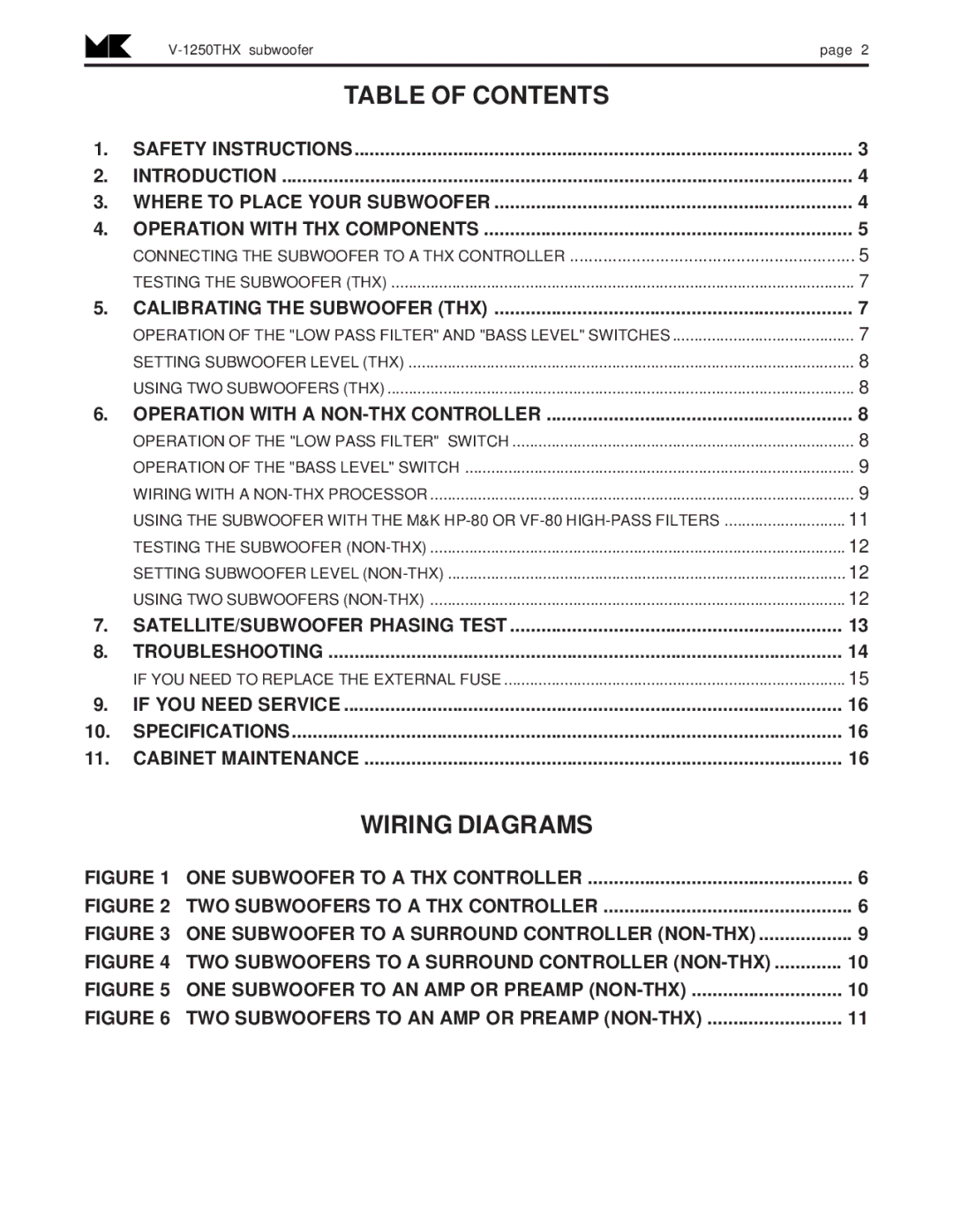 MK Sound V-1250THX operation manual Table of Contents, Wiring Diagrams 