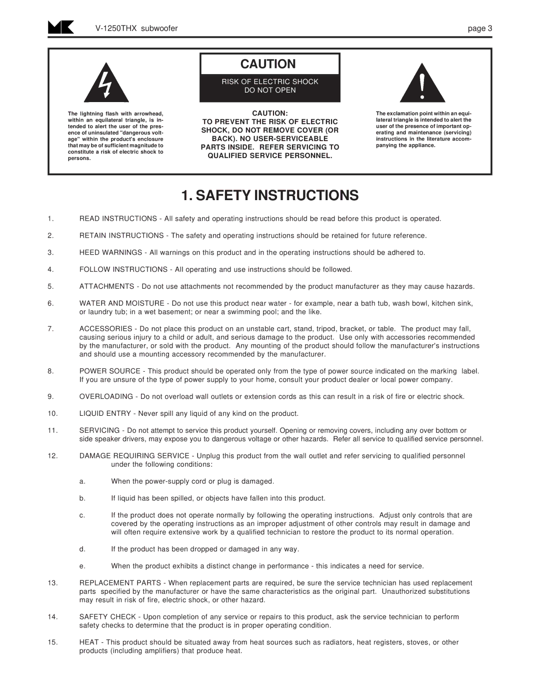 MK Sound V-1250THX operation manual Safety Instructions, 1250THX subwooferpage 