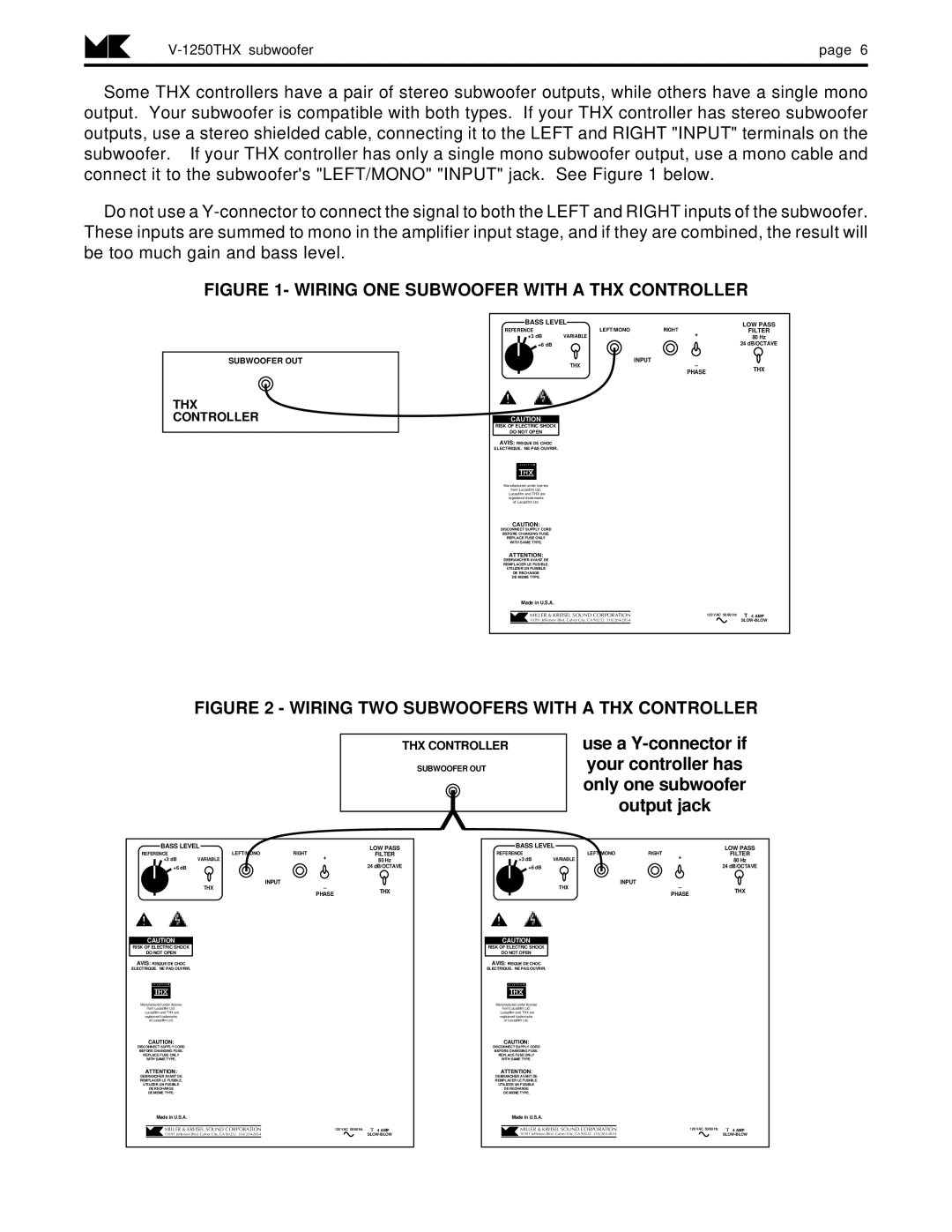 MK Sound V-1250THX operation manual Wiring ONE Subwoofer with a THX Controller 