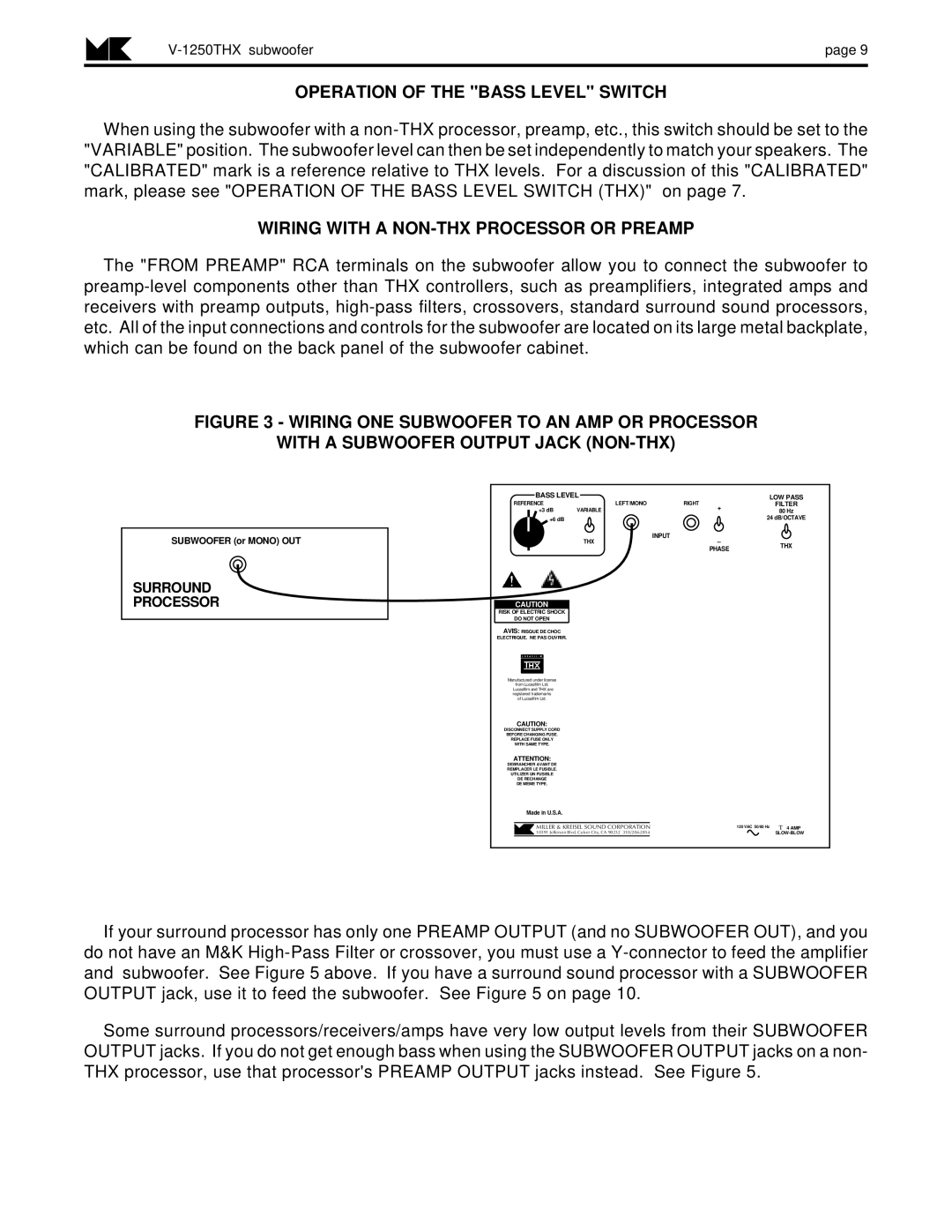 MK Sound V-1250THX operation manual Operation of the Bass Level Switch, Wiring with a NON-THX Processor or Preamp 