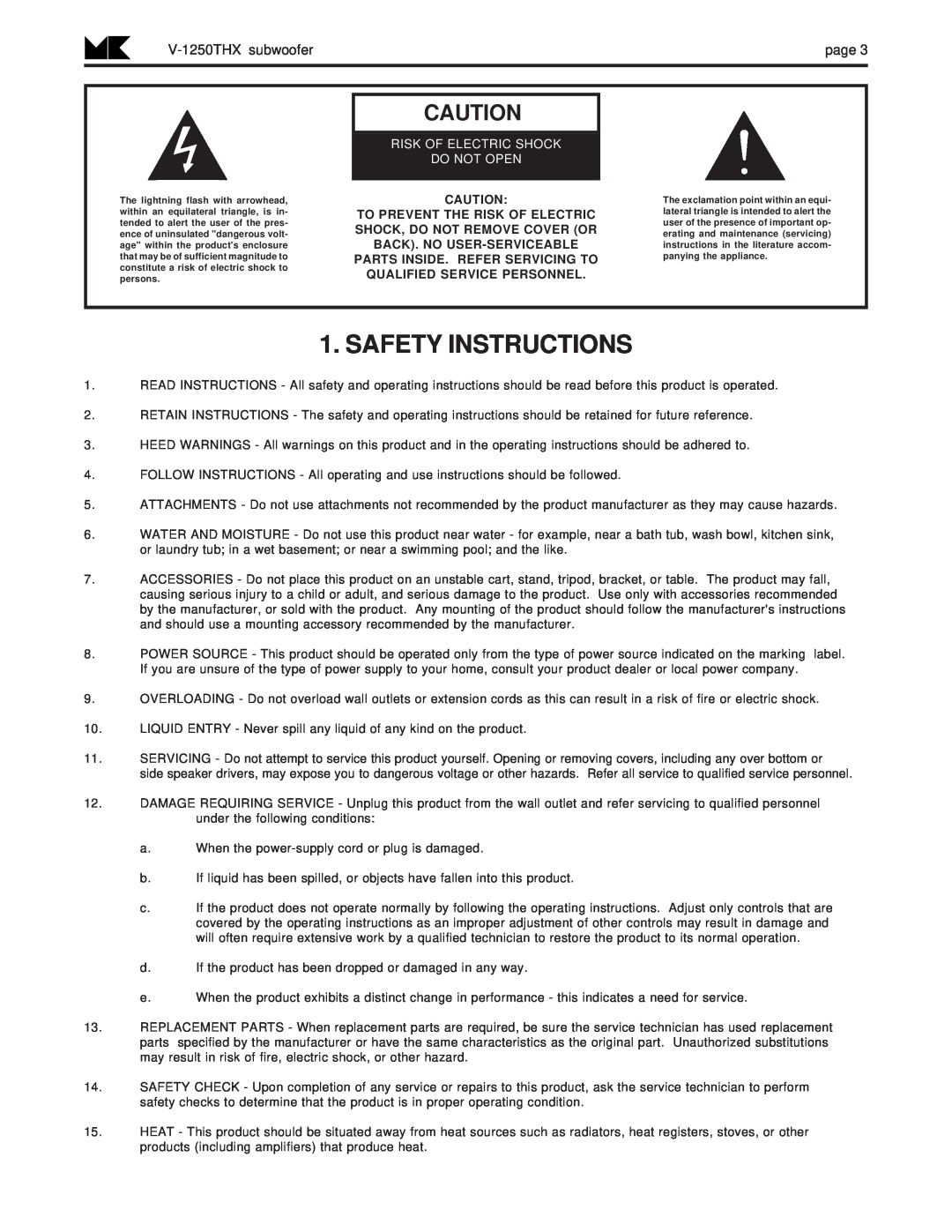 MK Sound Safety Instructions, V-1250THXsubwooferpage, Risk Of Electric Shock Do Not Open, Shock, Do Not Remove Cover Or 